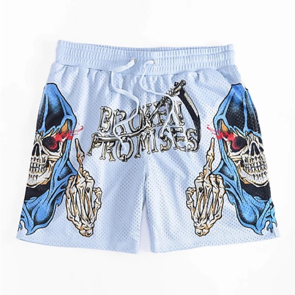 Broken Promises Blue Mesh Graphic Skull Print Shorts